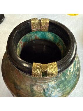 Vintage Indian Carved Water Buffalo Horn Hinged Bangle Bracelet, Ornate Brass Do